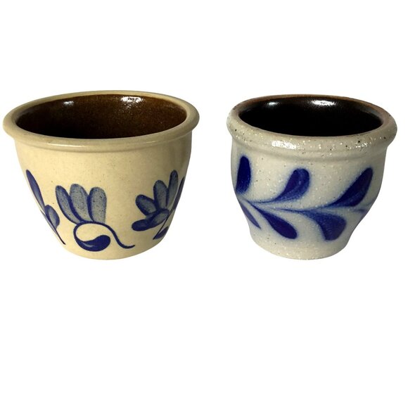 Salt Glaze Stoneware Crocks Set of 2 Hand Painted Cobalt Blue Folk Art Pottery - Picture 4 of 10